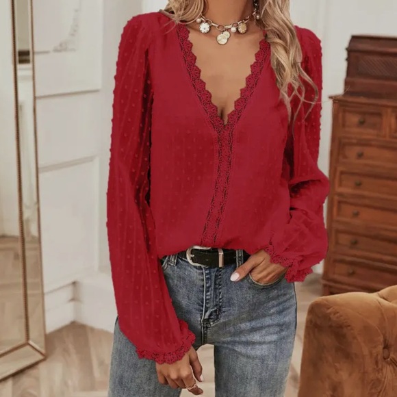 Tops - Red Lace-Trim V-Neck Long-Sleeve Blouse